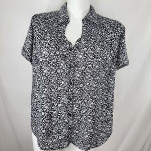 Just My Size BLOUSE Womens Size 2X Black White Floral Short Sleeves  Button Up